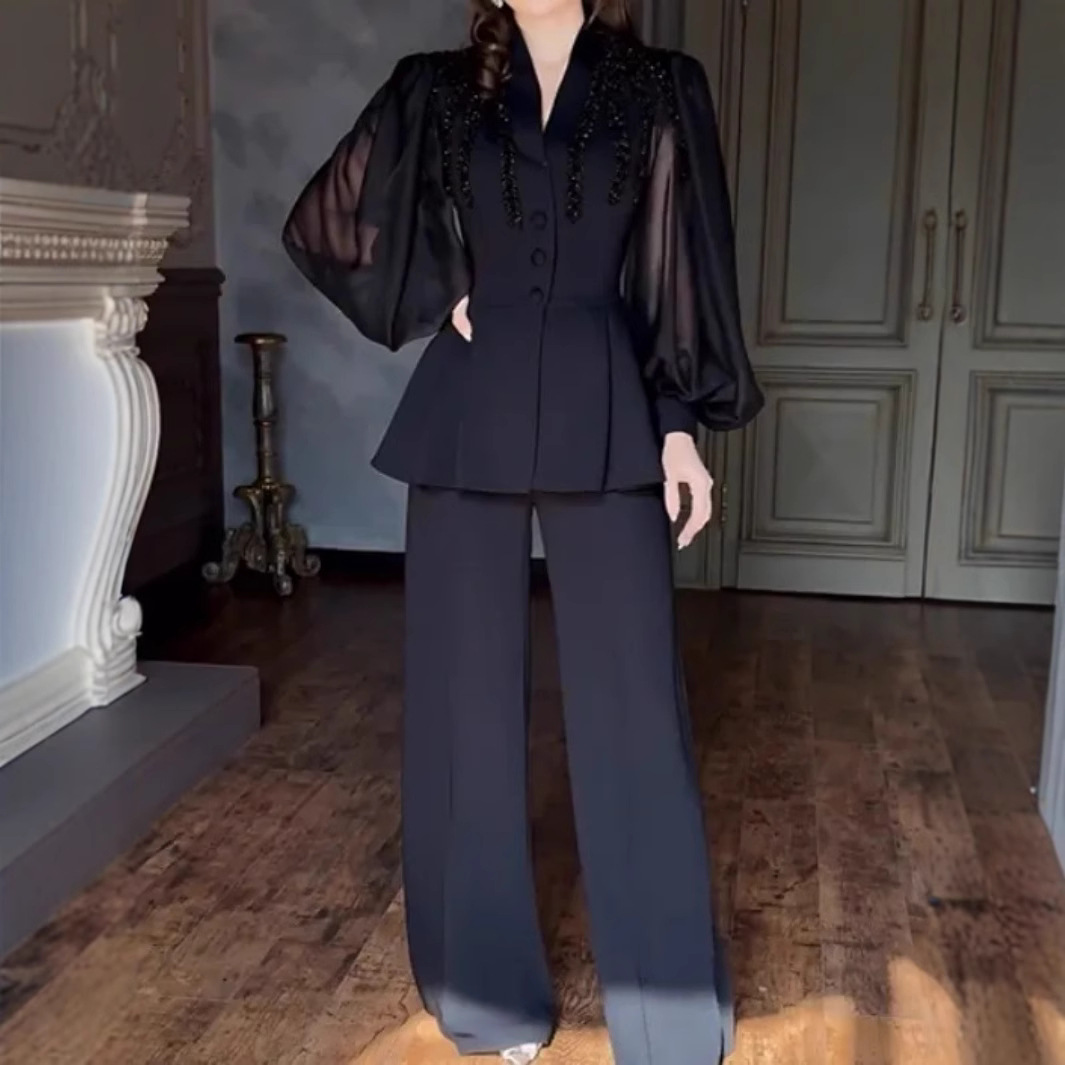Men'S Fashion Pants 2025 - Damskie czarne, jednolite, modne zestawy dwuczęściowe